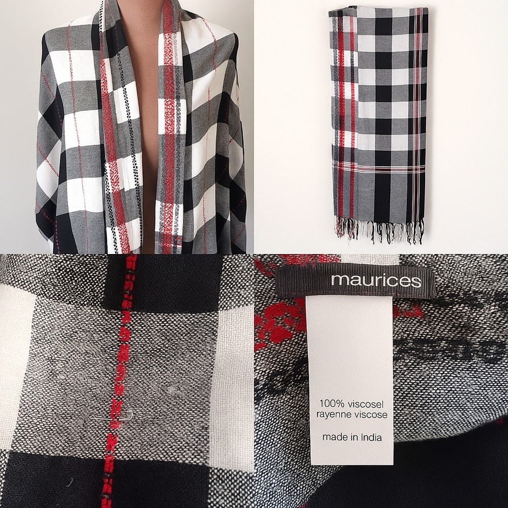 Maurice's‎ Women's Plaid Scarf Shawl Wrap Black White Red Fringe Viscose